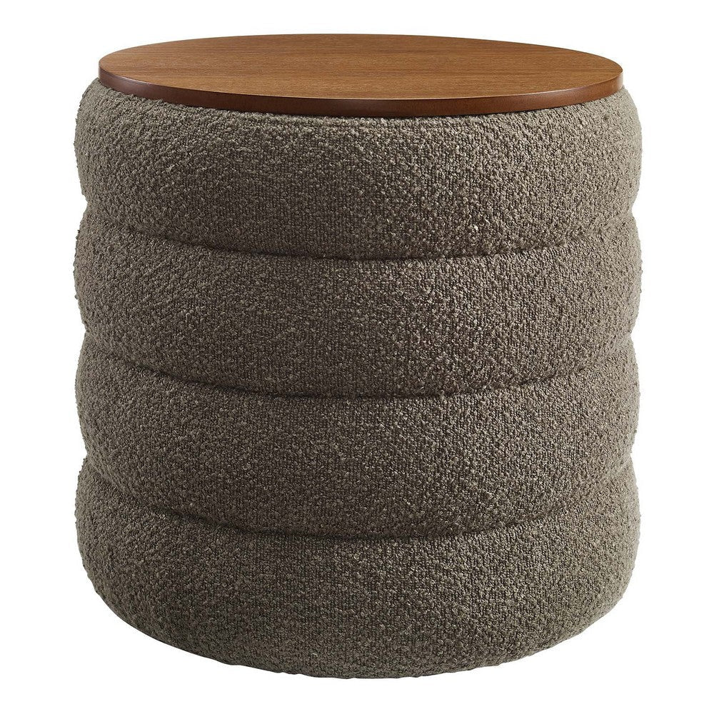 Modway Mezzo Round Boucle Fabric Storage Ottoman Stool in Pebble - Channel Tufted Ottoman - Upholstered Footrest - Versatile End or Side Table with Storage