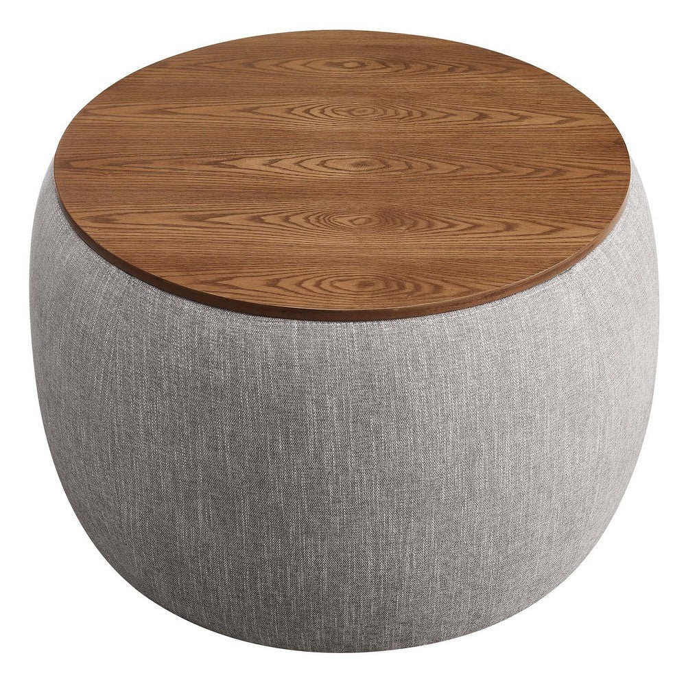 Modway Perla 26 Inch Round Storage Ottoman with Tray Lid in Heathered Weave Wheat -Heathered Fabric Ottoman - Versatile Footrest - Woven