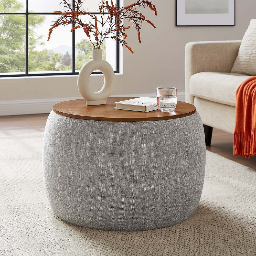 Modway Perla 26 Inch Round Storage Ottoman with Tray Lid in Ivory Fabric -Heathered Fabric Ottoman - Versatile Footrest - Woven Coffee Table - Side Table - for Living Room