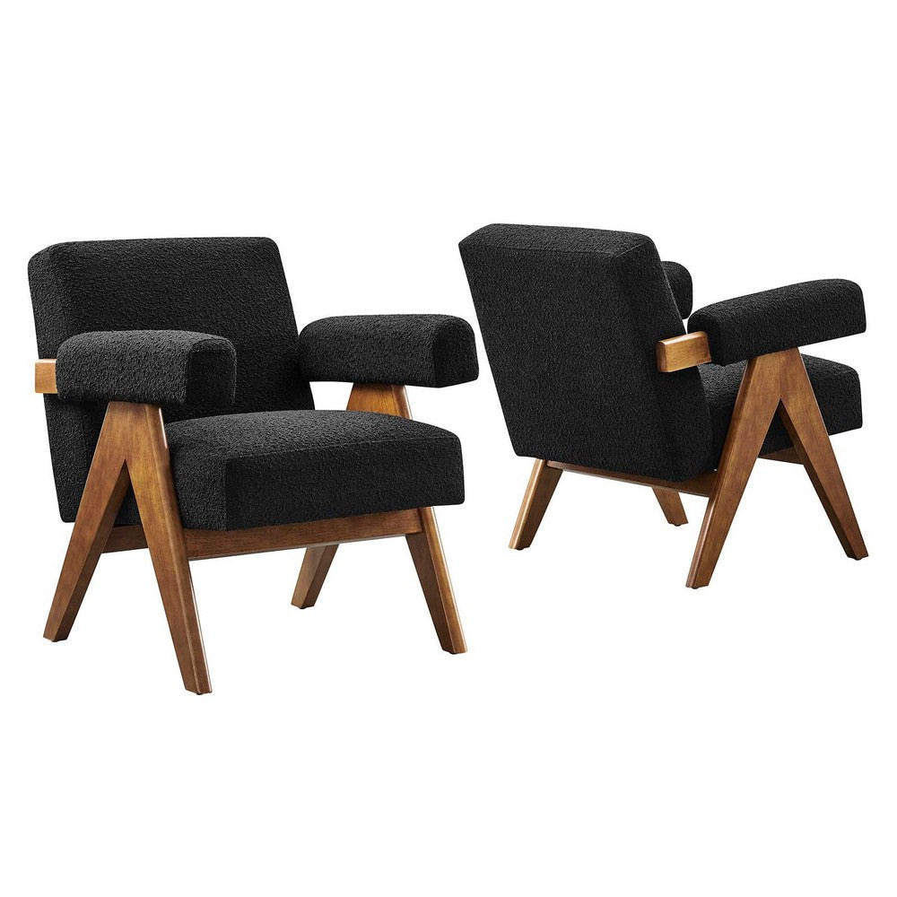 Modway Lyra Living Room Modern Accent Lounge Chair with Boucle Fabric in Black-Set of 2