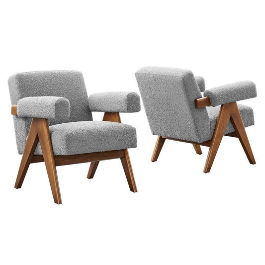 Modway Lyra Living Room Modern Accent Lounge Chair with Boucle Fabric in Light Gray-Set of 2