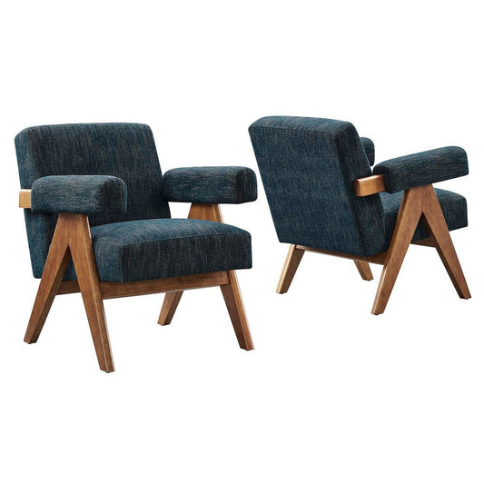 Modway Lyra Living Room Modern Accent Lounge Chair with Heathered Azure Fabric-Set of 2