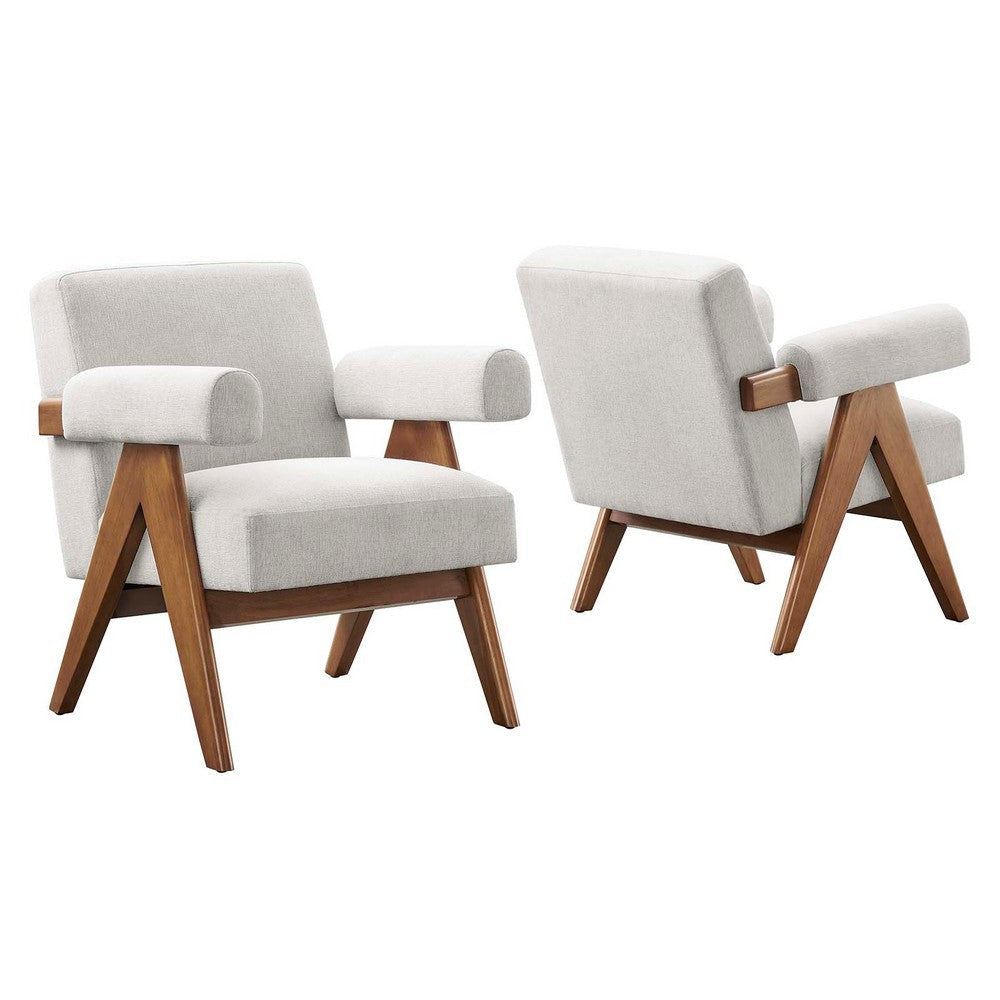 Modway Lyra Living Room Modern Accent Lounge Chair with Heathered Ivory Fabric-Set of 2