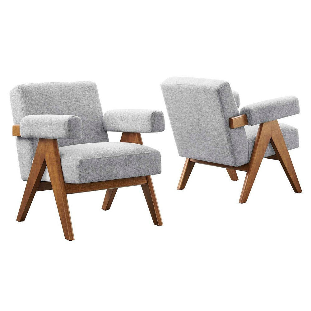 Modway Lyra Living Room Modern Accent Lounge Chair with Heathered Light Gray Fabric-Set of 2