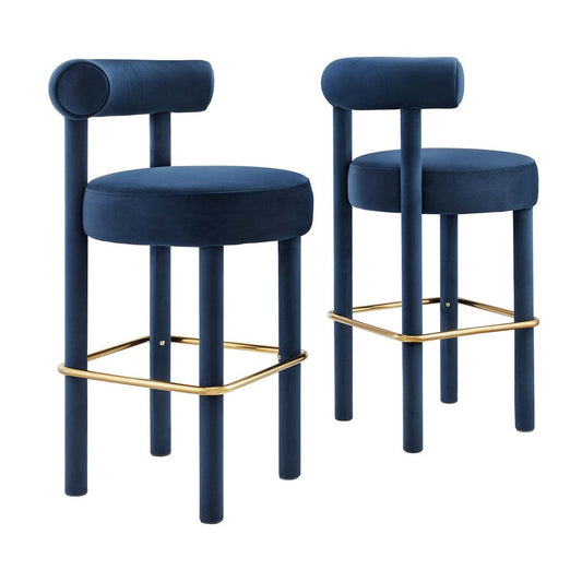 Modway Toulouse Performance Velvet Upholstered Bar Stool in Midnight Blue Gold with Stain-Resistant Upholstery-Set of 2, 19.5