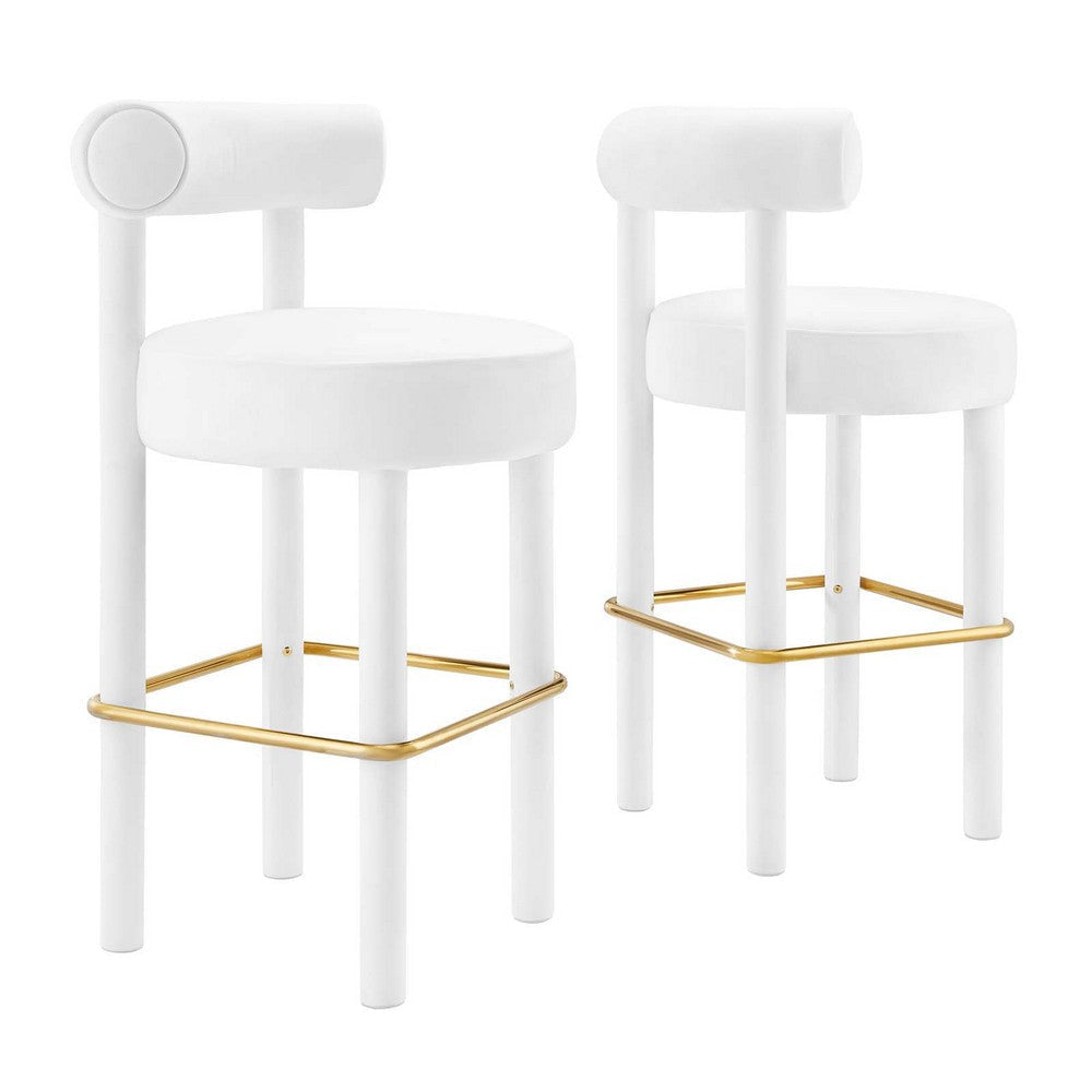 Modway Toulouse Performance Velvet Upholstered Bar Stool in White Gold with Stain-Resistant Upholstery-Set of 2, 19.5