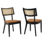 Modway Caledonia Elm Wood Rattan Set of 2 in Black Tan, with Faux Leather Seat Covers-Versatile Retro Kitchen or Dining Room Accent Chairs