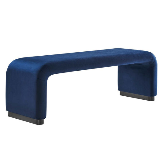 Modway Koda 60" Performance Velvet Waterfall Long Bench in Black Midnight Blue, 60Inches