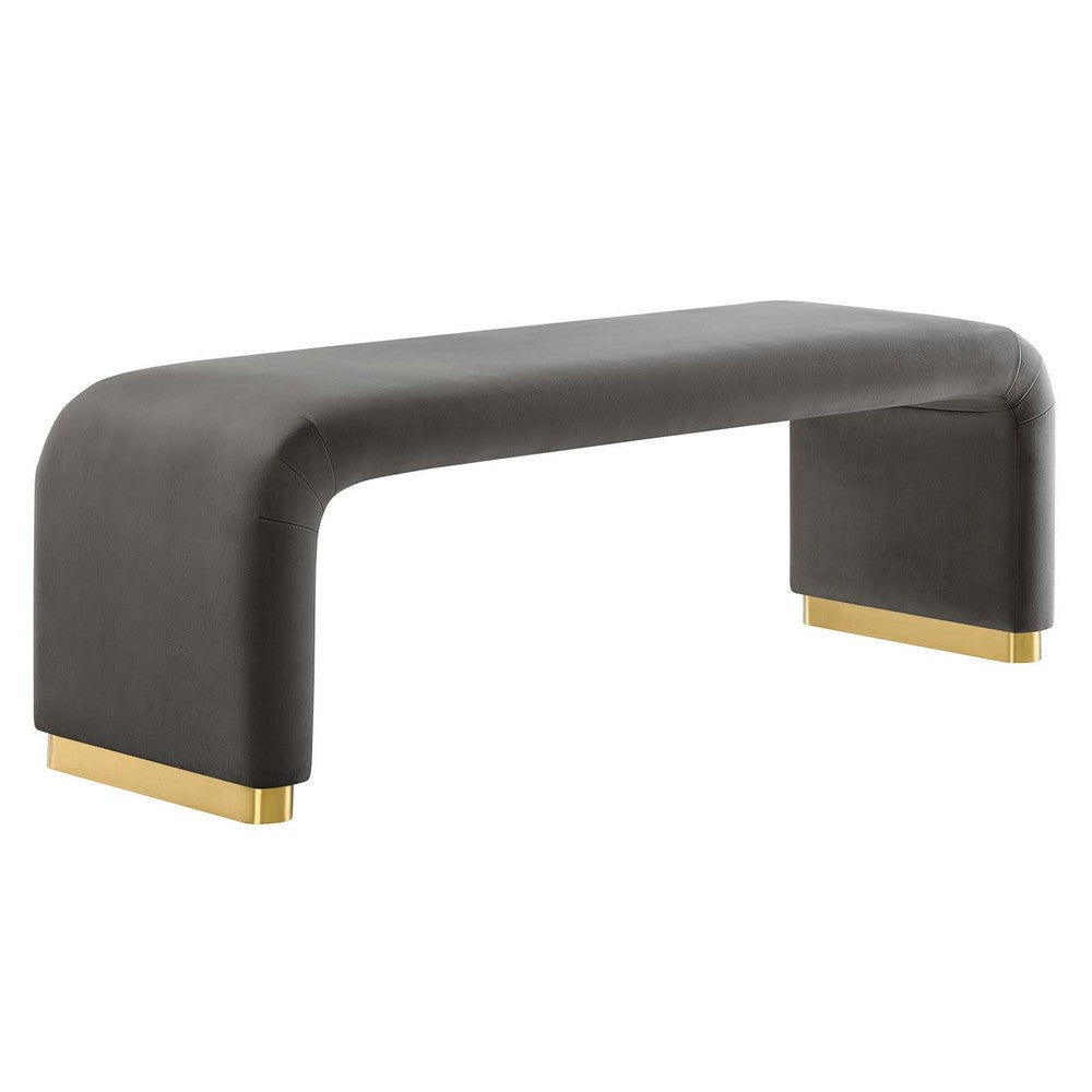 Modway Koda 60" Performance Velvet Waterfall Long Bench in Brass Storm Gray, 60Inches