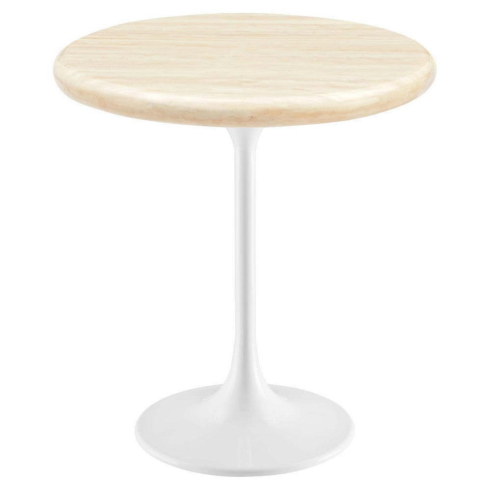 Modway Lippa 20" Round Artificial Side Table with Tapered, Metal Base, White Travertine