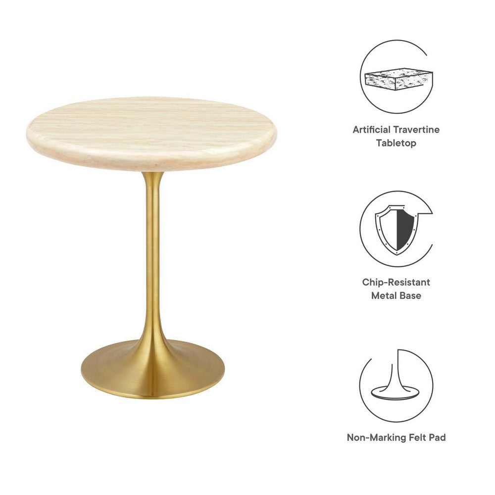 Modway Lippa 20’’ Round Artificial Side Table with Tapered Metal Base Gold Travertine MDY-EEI-6746-GLD-TRA