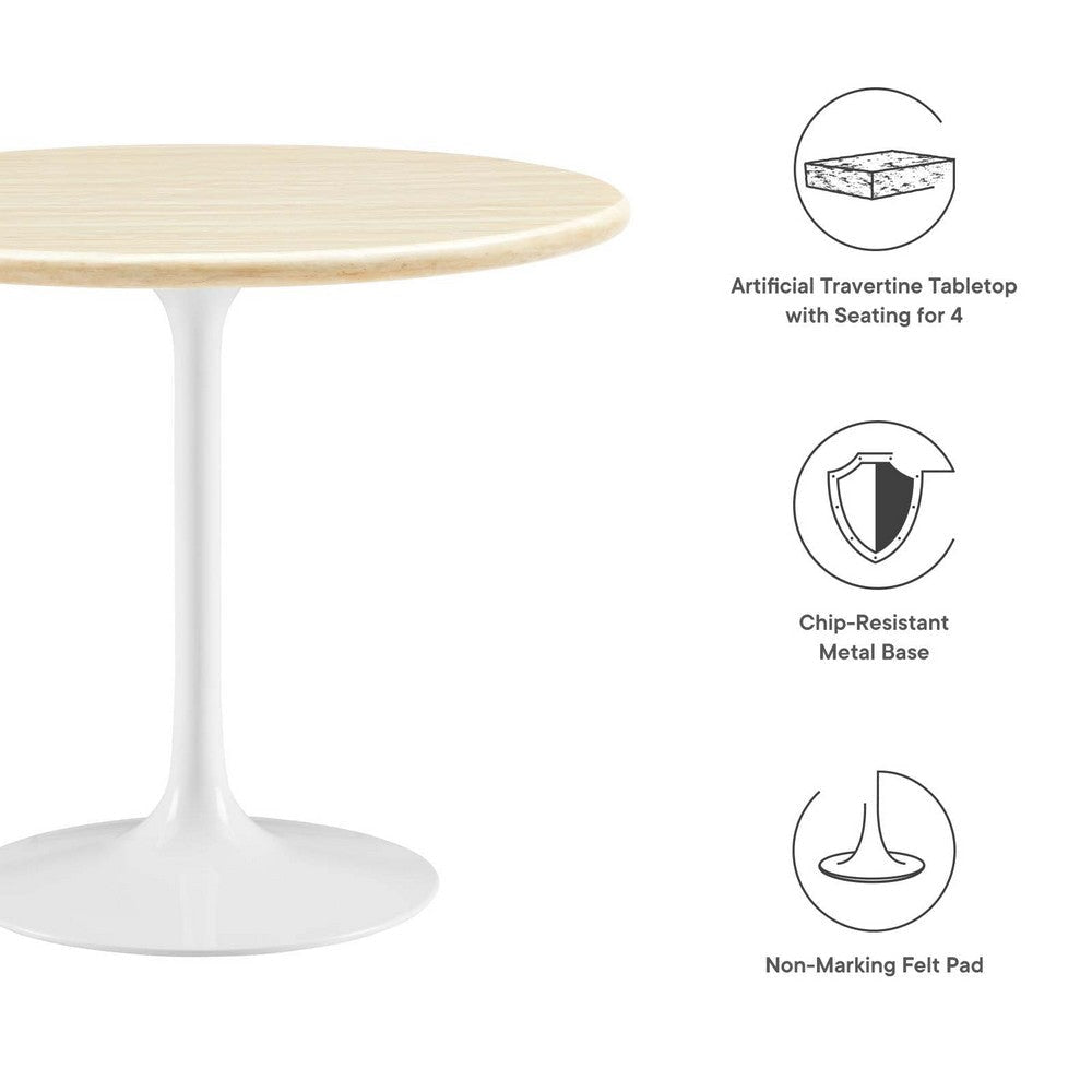 Modway Lippa 36’’ Round Artificial Dining Table with Tapered Metal Base White Travertine MDY-EEI-6748-WHI-TRA