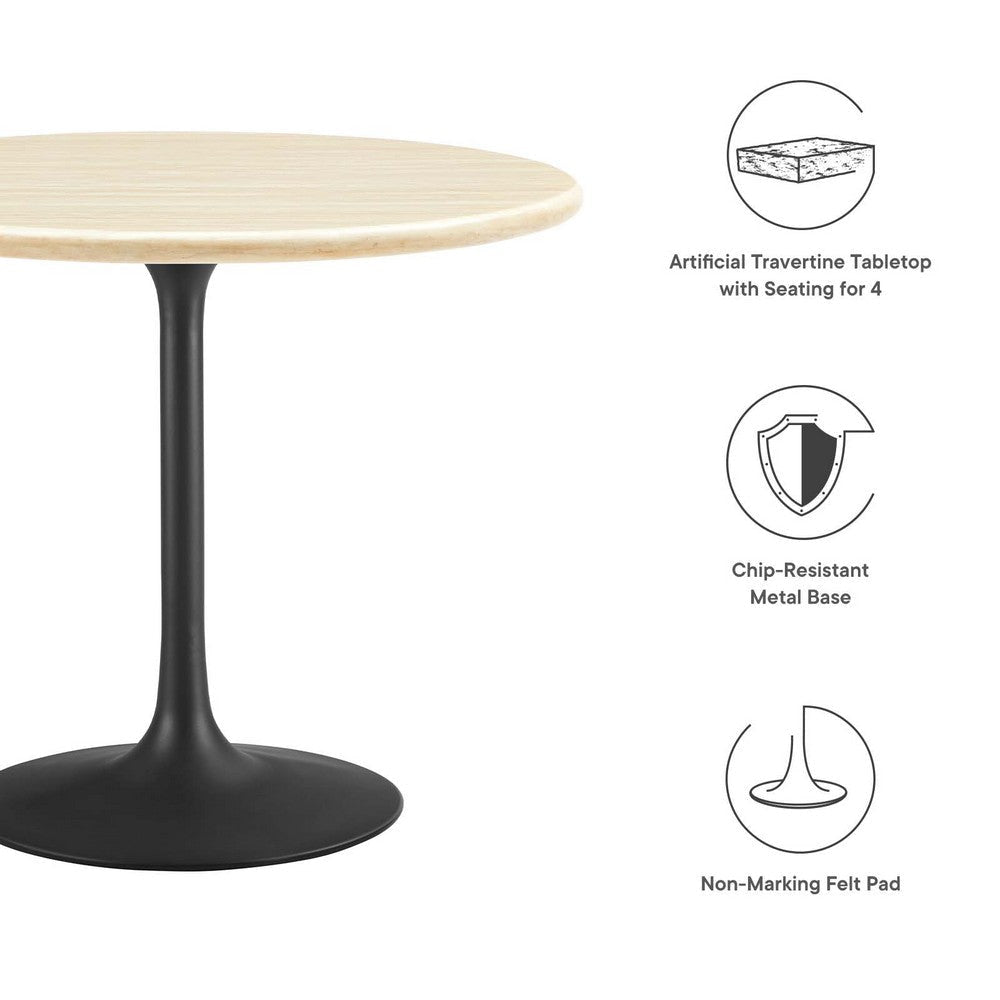 Modway Lippa 36’’ Round Artificial Dining Table with Tapered Metal Base Black Travertine MDY-EEI-6750-BLK-TRA