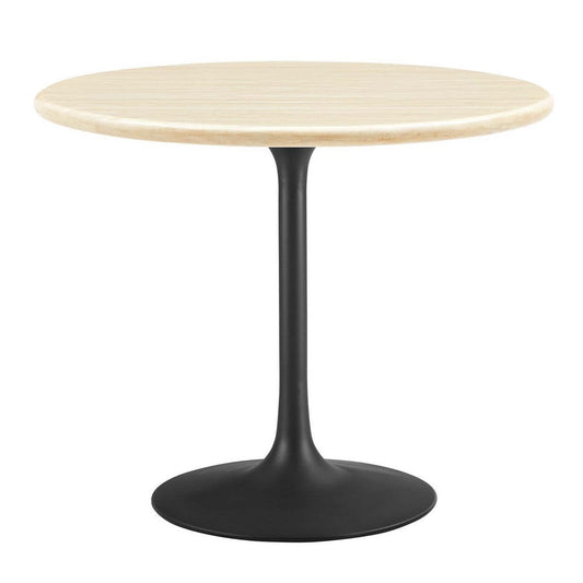 Modway Lippa 36" Round Artificial Dining Table with Tapered, Metal Base, Black Travertine