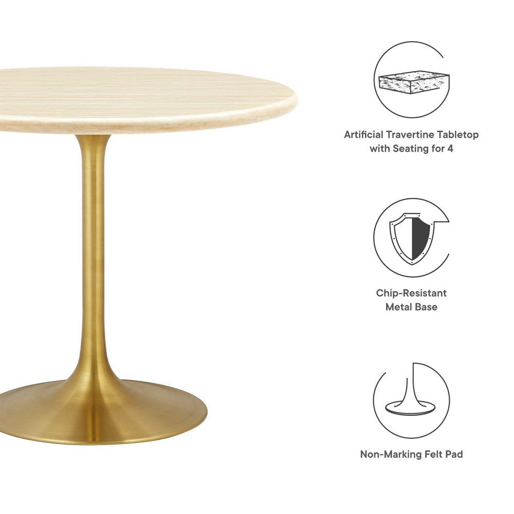 Modway Lippa 36’’ Round Artificial Dining Table with Tapered Metal Base Gold Travertine MDY-EEI-6752-GLD-TRA