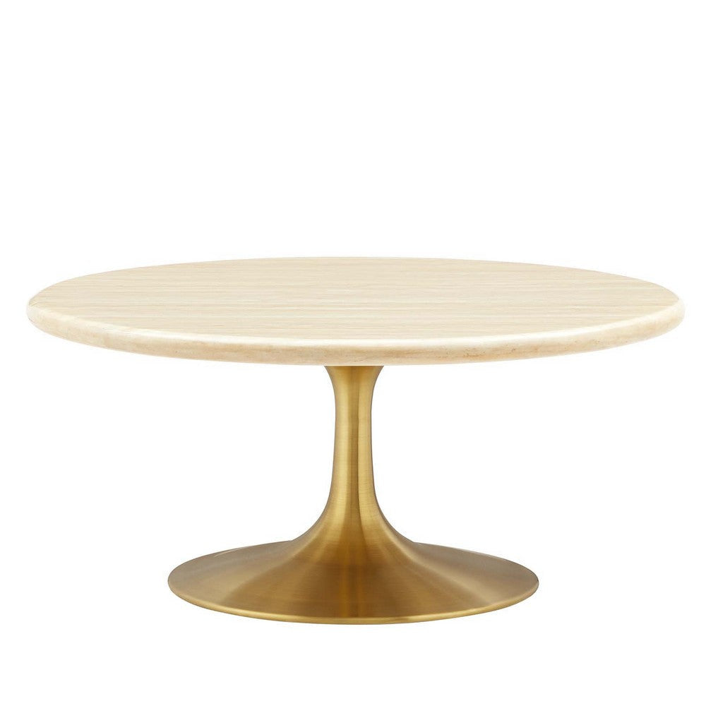 Modway Lippa 36" Round Artificial Coffee Table with Tapered, Metal Base, Gold Travertine