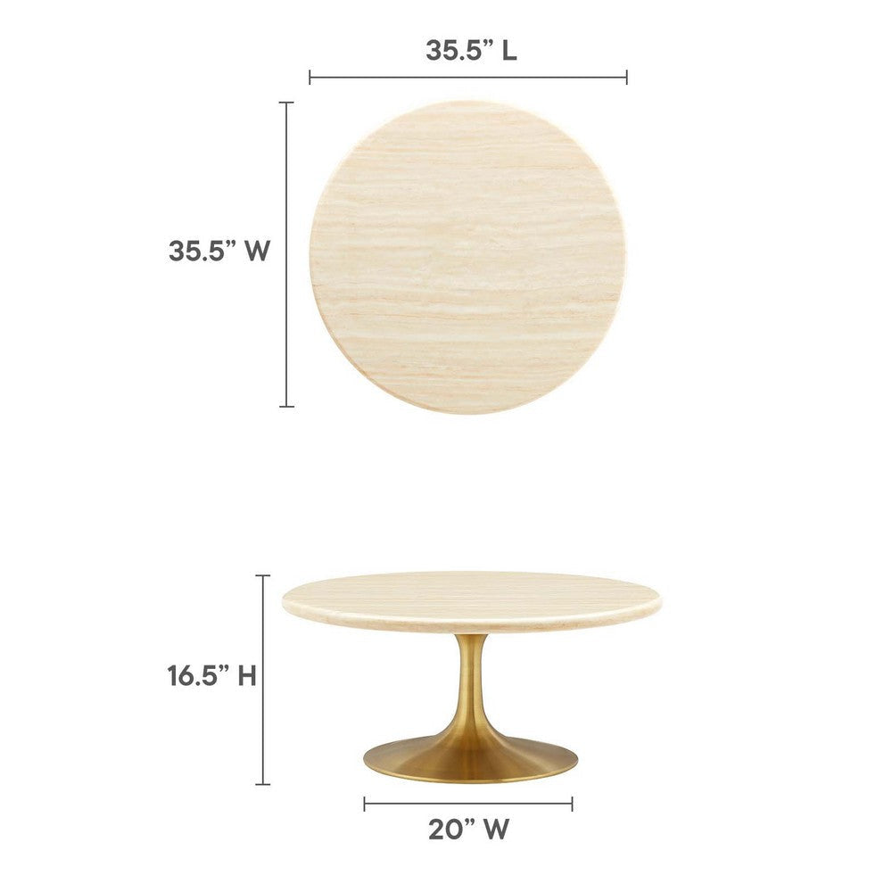 Modway Lippa 36’’ Round Artificial Coffee Table with Tapered Metal Base Gold Travertine MDY-EEI-6753-GLD-TRA