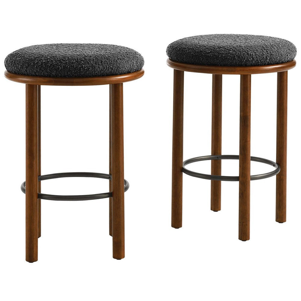 Modway Fable 26 Inch Backless Counter Stools Set of 2 in Walnut Charcoal - Kitchen Stools Counter Height - 2Pcs Upholstered Padded Boucle Seat for Kitchen Counter or Island with Wood Legs and Footrest