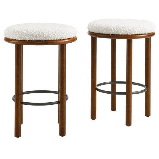 Modway Fable 26 Inch Backless Counter Stools Set of 2 in Walnut Ivory - Kitchen Stools Counter Height - 2Pcs Upholstered Padded Boucle Seat for Kitchen Counter or Island with Wood Legs and Footrest