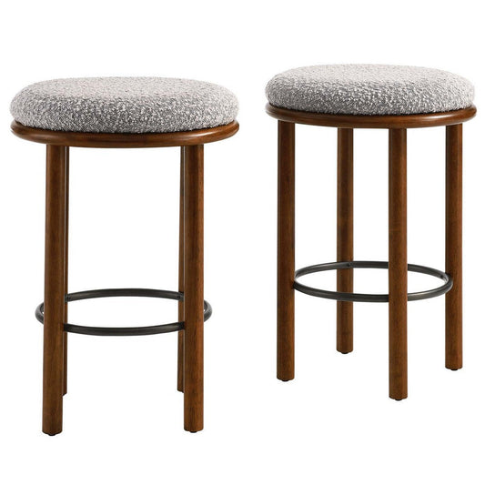 Modway Fable 26 Inch Backless Counter Stools Set of 2 in Walnut Taupe - Kitchen Stools Counter Height - 2Pcs Upholstered Padded Boucle Seat for Kitchen Counter or Island with Wood Legs and Footrest