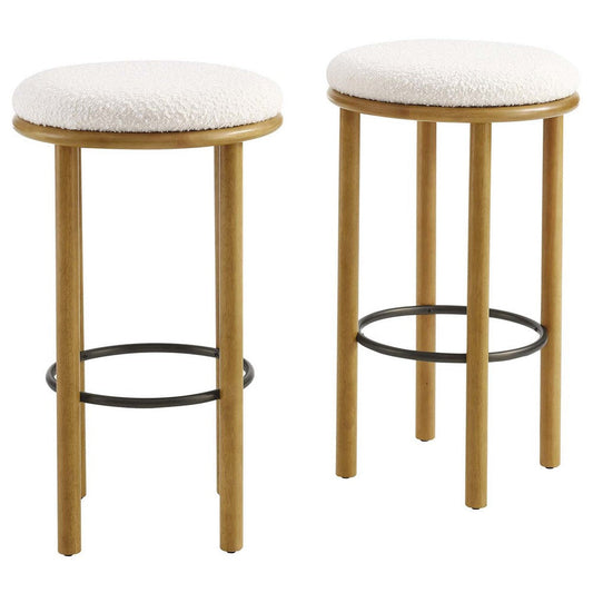 Modway Fable 30 Inch Backless Wood Bar Stools Set of 2 in Oak Ivory - Upholstered Padded Boucle Round Barstool - 2Pc Bar Height Stools with Footrest