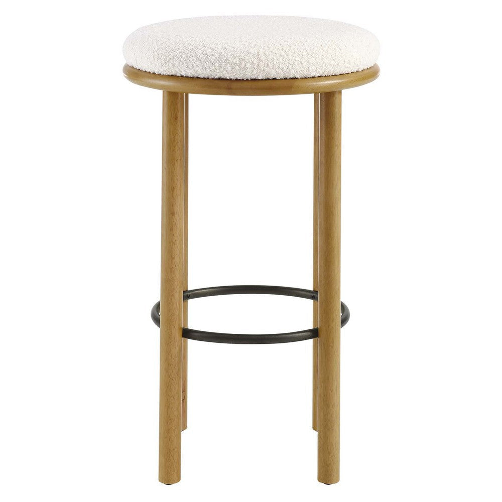 Modway Fable 30 Inch Backless Wood Bar Stools Set of 2 in Oak Ivory - Upholstered Padded Boucle Round Barstool - 2Pc Bar Height Stools