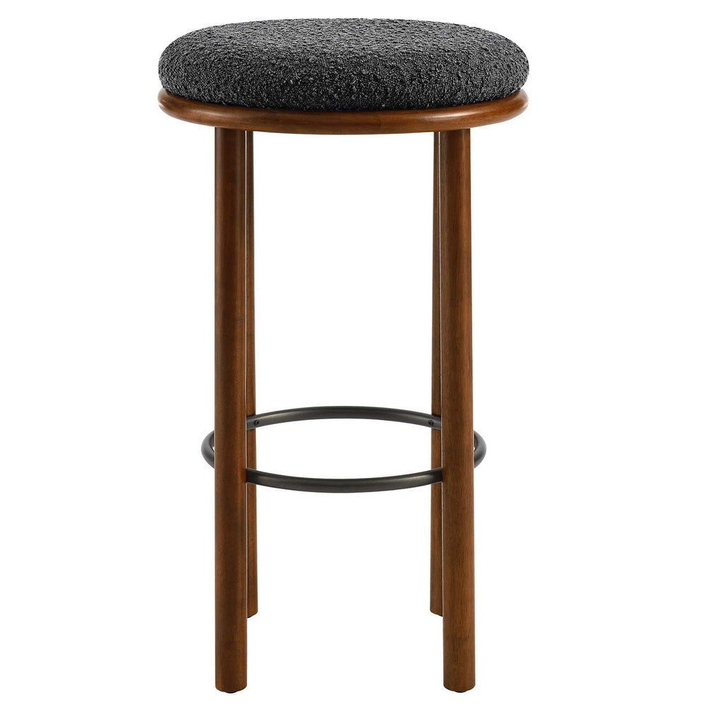 Modway Fable 30 Inch Backless Wood Bar Stools Set of 2 in Walnut Charcoal - Upholstered Padded Boucle Round Barstool - 2Pc Bar Height