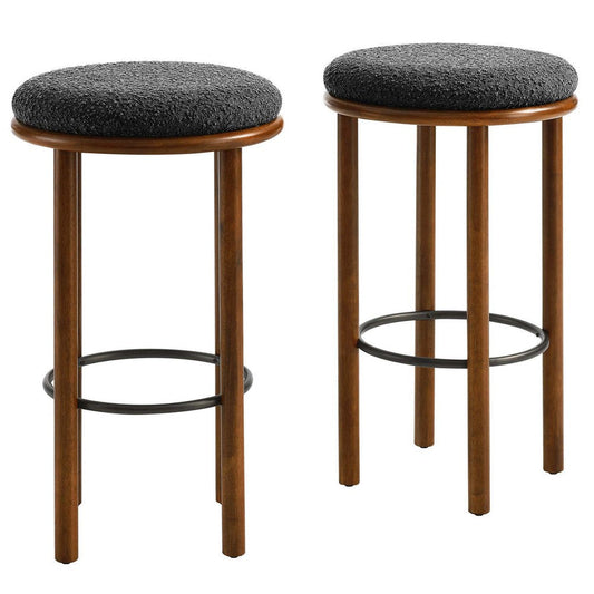 Modway Fable 30 Inch Backless Wood Bar Stools Set of 2 in Walnut Charcoal - Upholstered Padded Boucle Round Barstool - 2Pc Bar Height Stools with Footrest