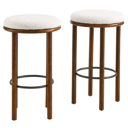 Modway Fable 30 Inch Backless Wood Bar Stools Set of 2 in Walnut Ivory - Upholstered Padded Boucle Round Barstool - 2Pc Bar Height Stools with Footrest