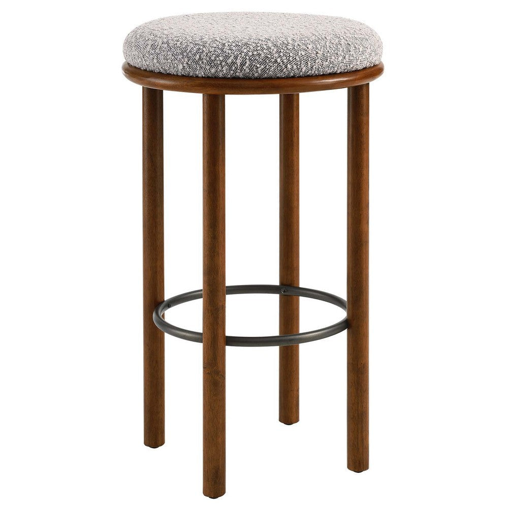 Modway Fable 30 Inch Backless Wood Bar Stools Set of 2 in Walnut Taupe - Upholstered Padded Boucle Round Barstool - 2Pc Bar Height Stools