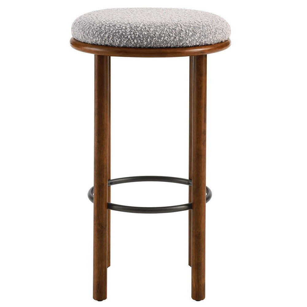 Modway Fable 30 Inch Backless Wood Bar Stools Set of 2 in Walnut Taupe - Upholstered Padded Boucle Round Barstool - 2Pc Bar Height Stools