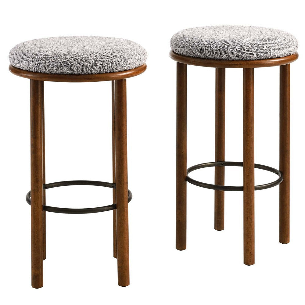 Modway Fable 30 Inch Backless Wood Bar Stools Set of 2 in Walnut Taupe - Upholstered Padded Boucle Round Barstool - 2Pc Bar Height Stools with Footrest