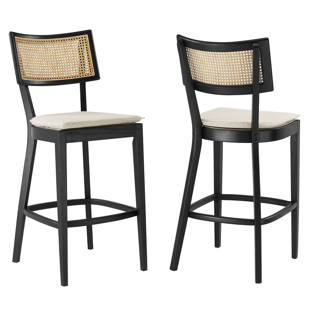 Modway Caledonia 46.5 Inch Elm Wood Bar Stools - Set of 2 in Black Beige - Padded Bar Stools with Rattan Back and Removable Cushion Cover - 2Pc High Bar Chairs with Footrest - Armless Bar Stools