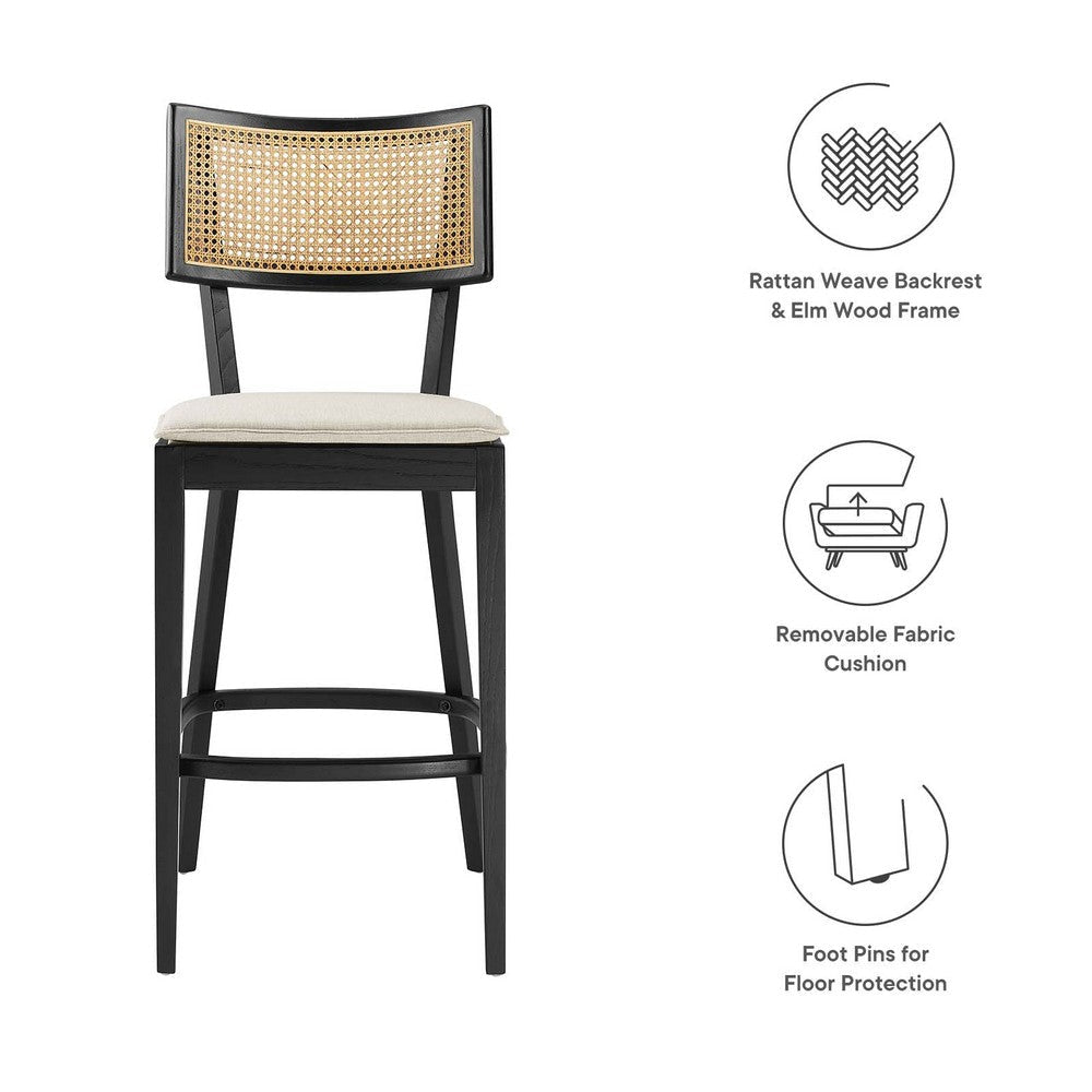 Modway Caledonia 46.5 Inch Elm Wood Bar Stools - Set of 2 in Black Beige - Padded Bar Stools with Rattan Back and Removable Cushion Cover