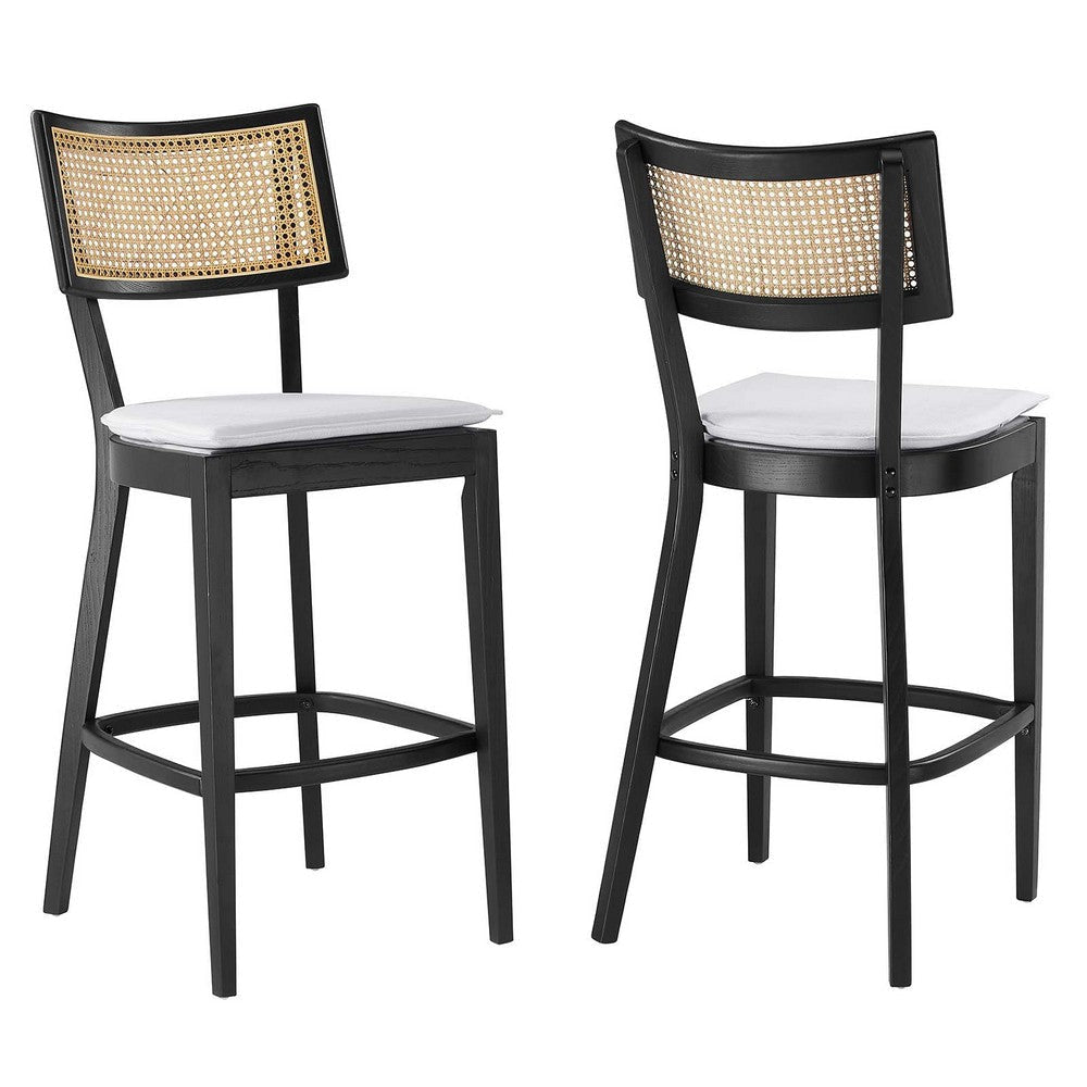 Modway Caledonia 46.5 Inch Elm Wood Bar Stools - Set of 2 in Black White - Padded Bar Stools with Rattan Back and Removable Cushion Cover - 2Pc High Bar Chairs with Footrest - Armless Bar Stools