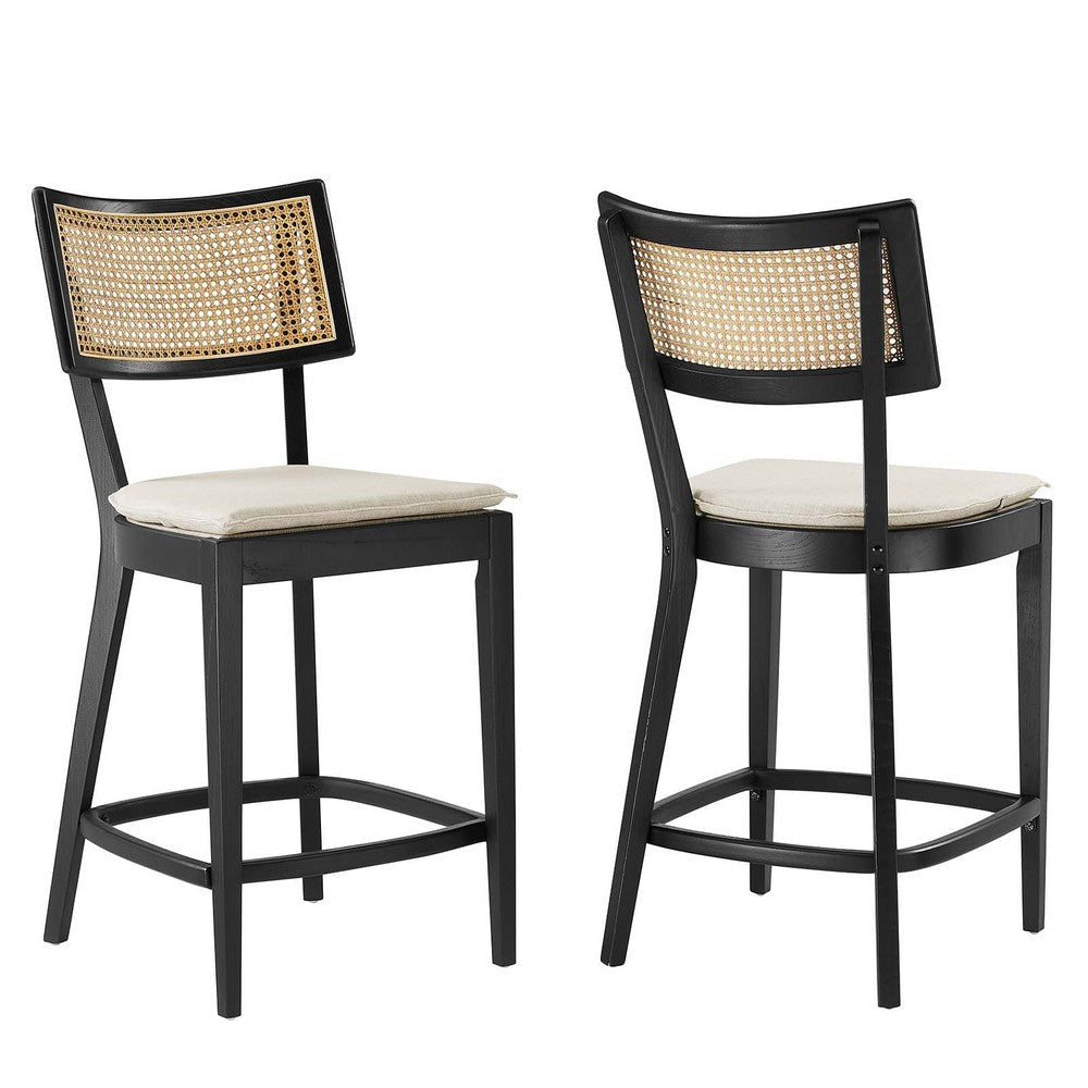 Modway Caledonia 42.5 Inch Elm Wood Counter Stools - Set of 2 in Black Beige - Padded Counter Stools with Rattan Back and Removable Cover