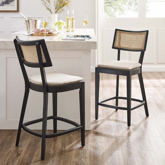 Modway Caledonia 42.5 Inch Elm Wood Counter Stools - Set of 2 in Black Beige - Padded Counter Stools with Rattan Back and Removable Cover - High Kitchen Chairs with Footrest - Armless Counter Stools