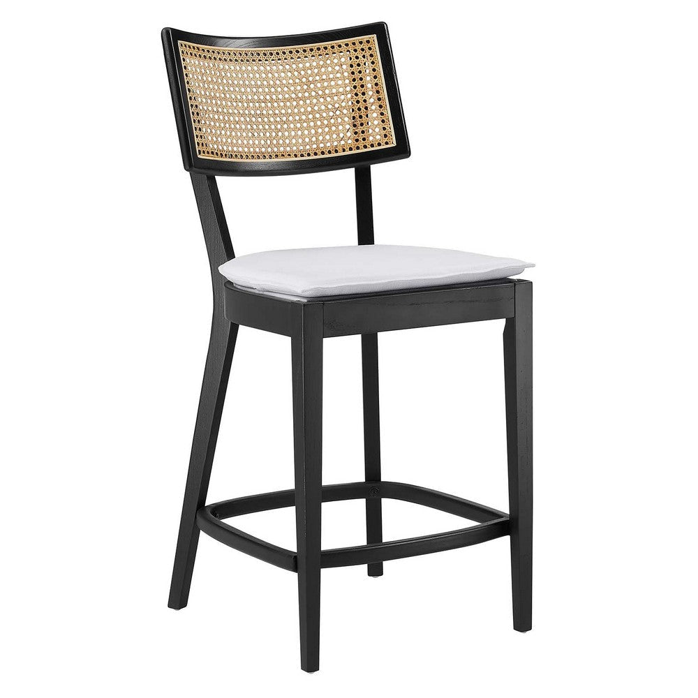 Modway Caledonia 42.5 Inch Elm Wood Counter Stools - Set of 2 in Black White - Padded Counter Stools with Rattan Back and Removable Cover