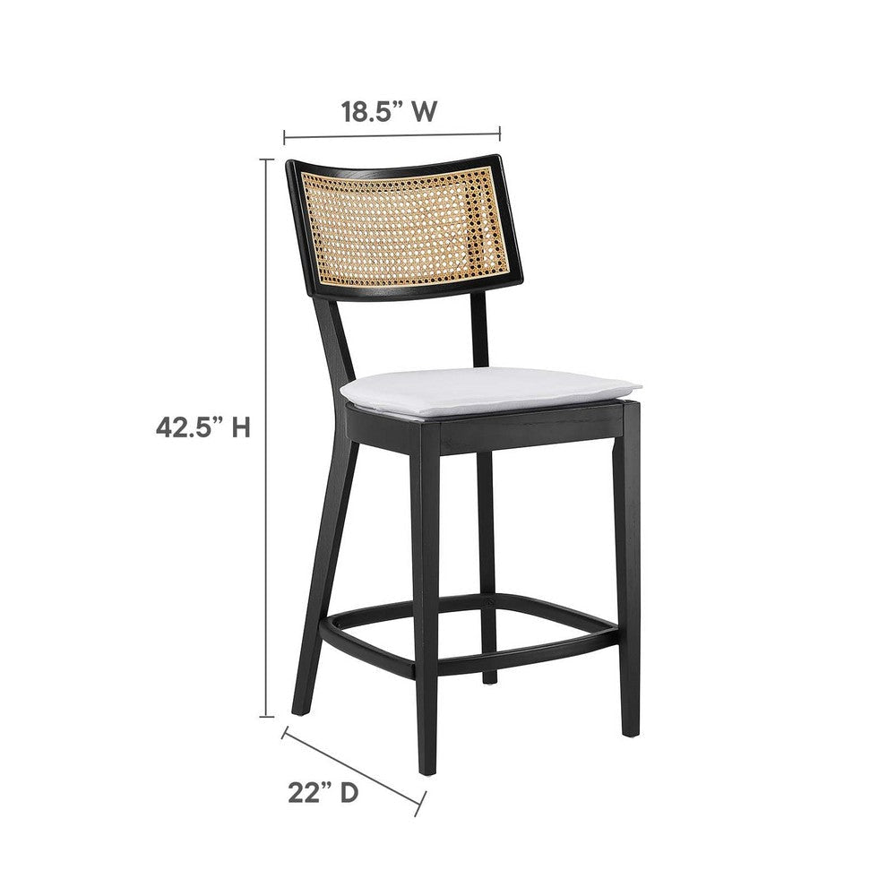 Modway Caledonia 42.5 Inch Elm Wood Counter Stools - Set of 2 in Black White - Padded Counter Stools with Rattan Back and Removable Cover