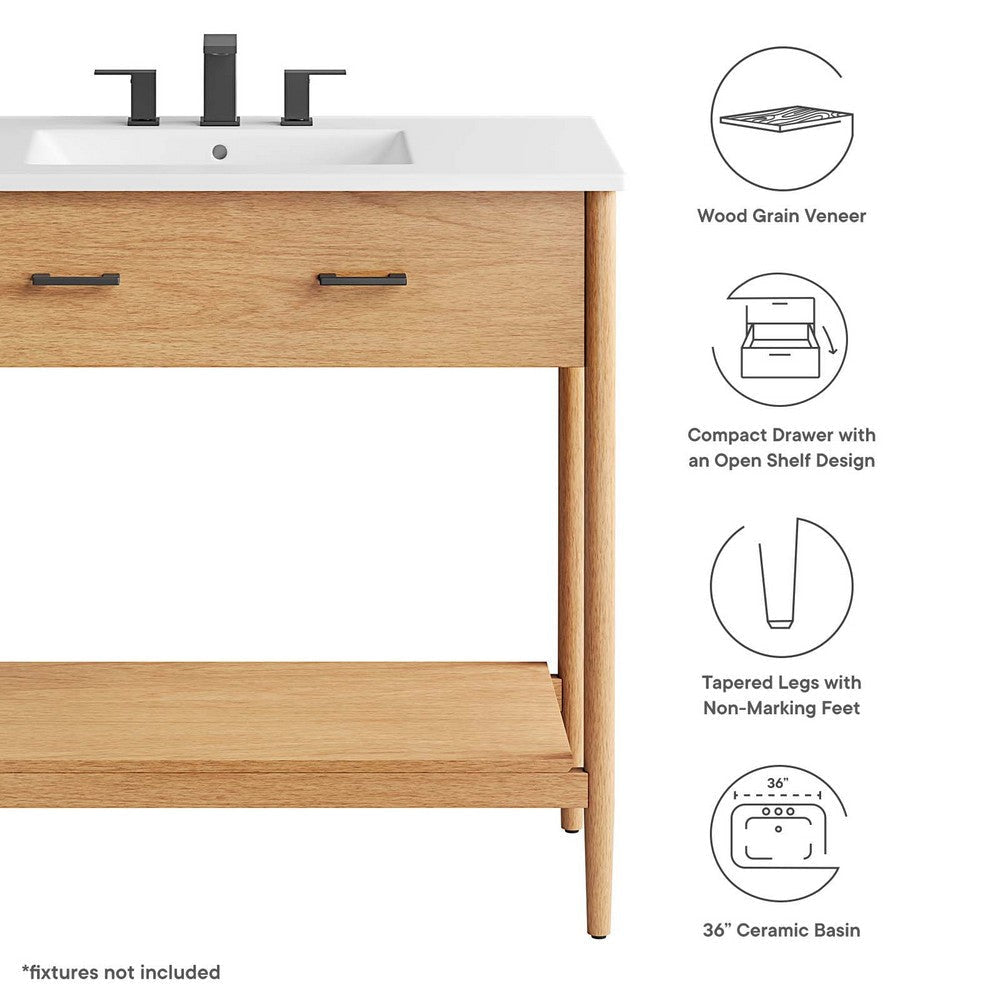 Modway Zaire 36” Mid-Century Bathroom Vanity Washstand in Natural White with Ceramic Sink Basin 36 Inches MDY-EEI-6822-NAT-WHI