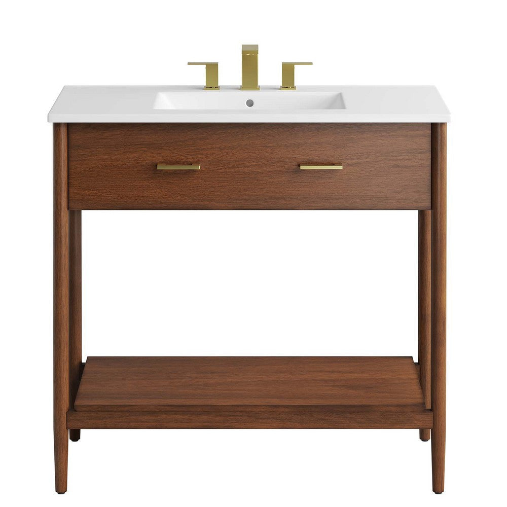 Modway Zaire 36” Mid-Century Bathroom Vanity Washstand in Walnut White with Ceramic Sink Basin 36 Inches MDY-EEI-6822-WAL-WHI