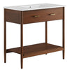 Modway Zaire 36” Mid-Century Bathroom Vanity Washstand in Walnut White with Ceramic Sink Basin, 36 Inches