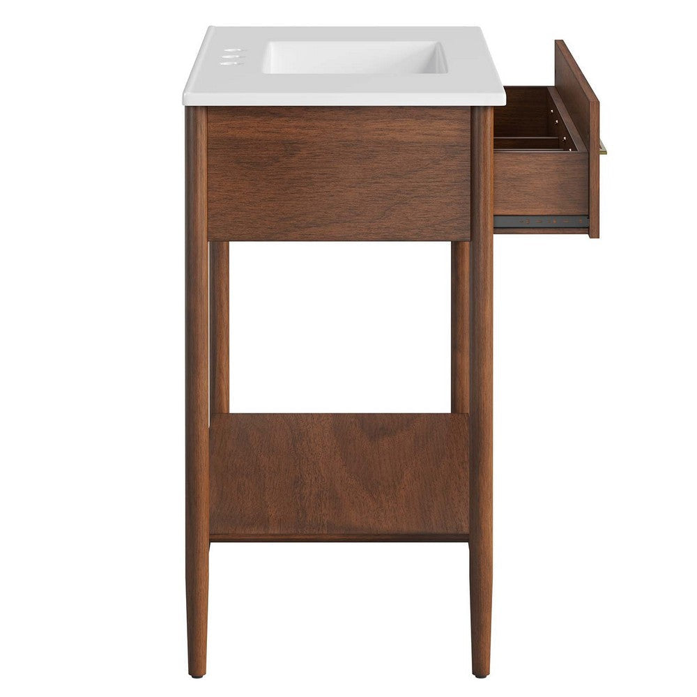 Modway Zaire 36” Mid-Century Bathroom Vanity Washstand in Walnut White with Ceramic Sink Basin 36 Inches MDY-EEI-6822-WAL-WHI