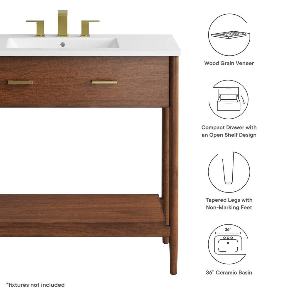 Modway Zaire 36” Mid-Century Bathroom Vanity Washstand in Walnut White with Ceramic Sink Basin 36 Inches MDY-EEI-6822-WAL-WHI