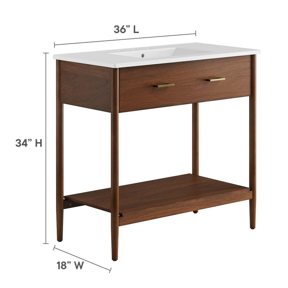 Modway Zaire 36” Mid-Century Bathroom Vanity Washstand in Walnut White with Ceramic Sink Basin 36 Inches MDY-EEI-6822-WAL-WHI