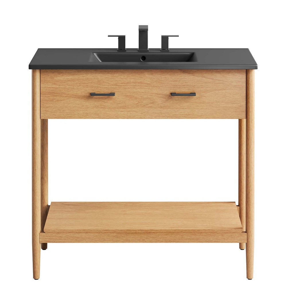 Modway Zaire 36” Mid-Century Bathroom Vanity Washstand in Natural Black with Ceramic Sink Basin 36 Inches MDY-EEI-6823-NAT-BLK