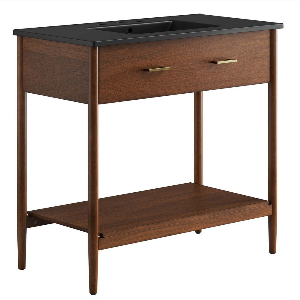 Modway Zaire 36” Mid-Century Bathroom Vanity Washstand in Walnut Black with Ceramic Sink Basin, 36 Inches