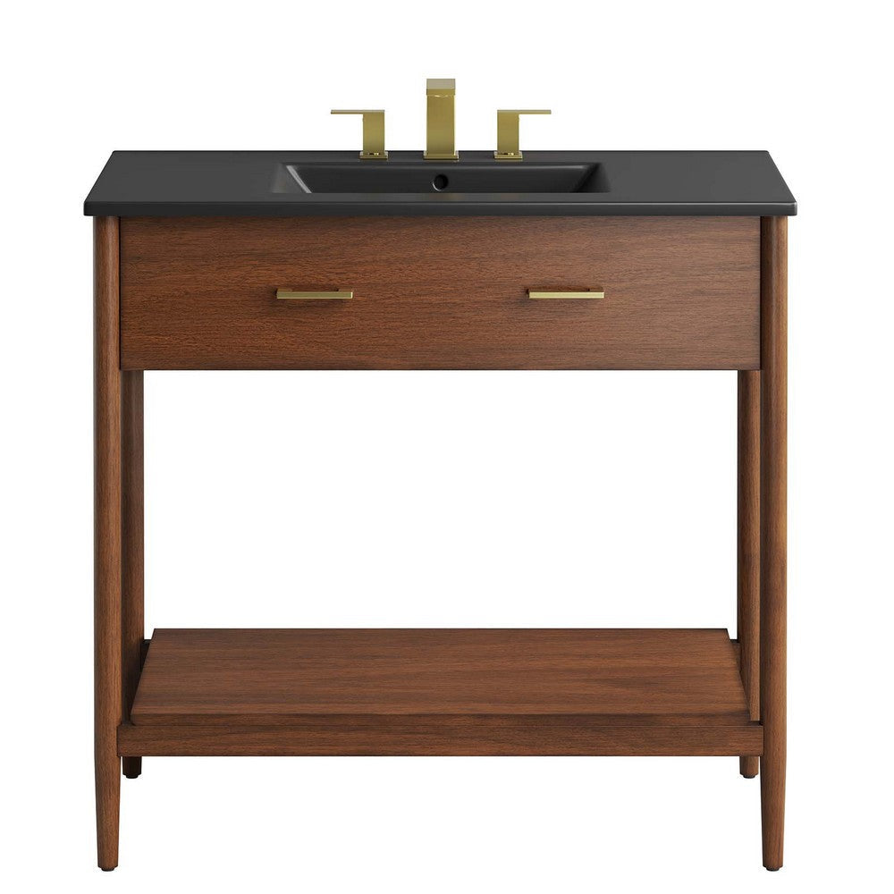 Modway Zaire 36” Mid-Century Bathroom Vanity Washstand in Walnut Black with Ceramic Sink Basin 36 Inches MDY-EEI-6823-WAL-BLK