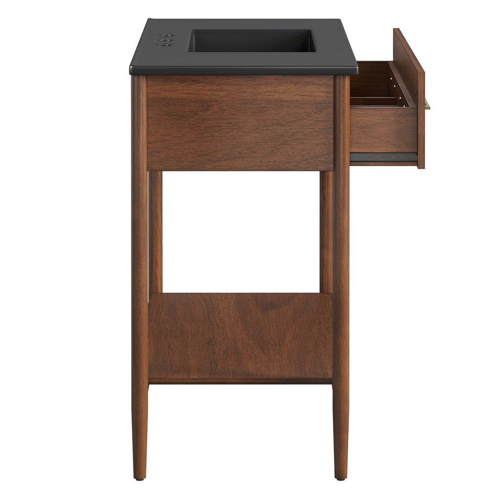 Modway Zaire 36” Mid-Century Bathroom Vanity Washstand in Walnut Black with Ceramic Sink Basin 36 Inches MDY-EEI-6823-WAL-BLK