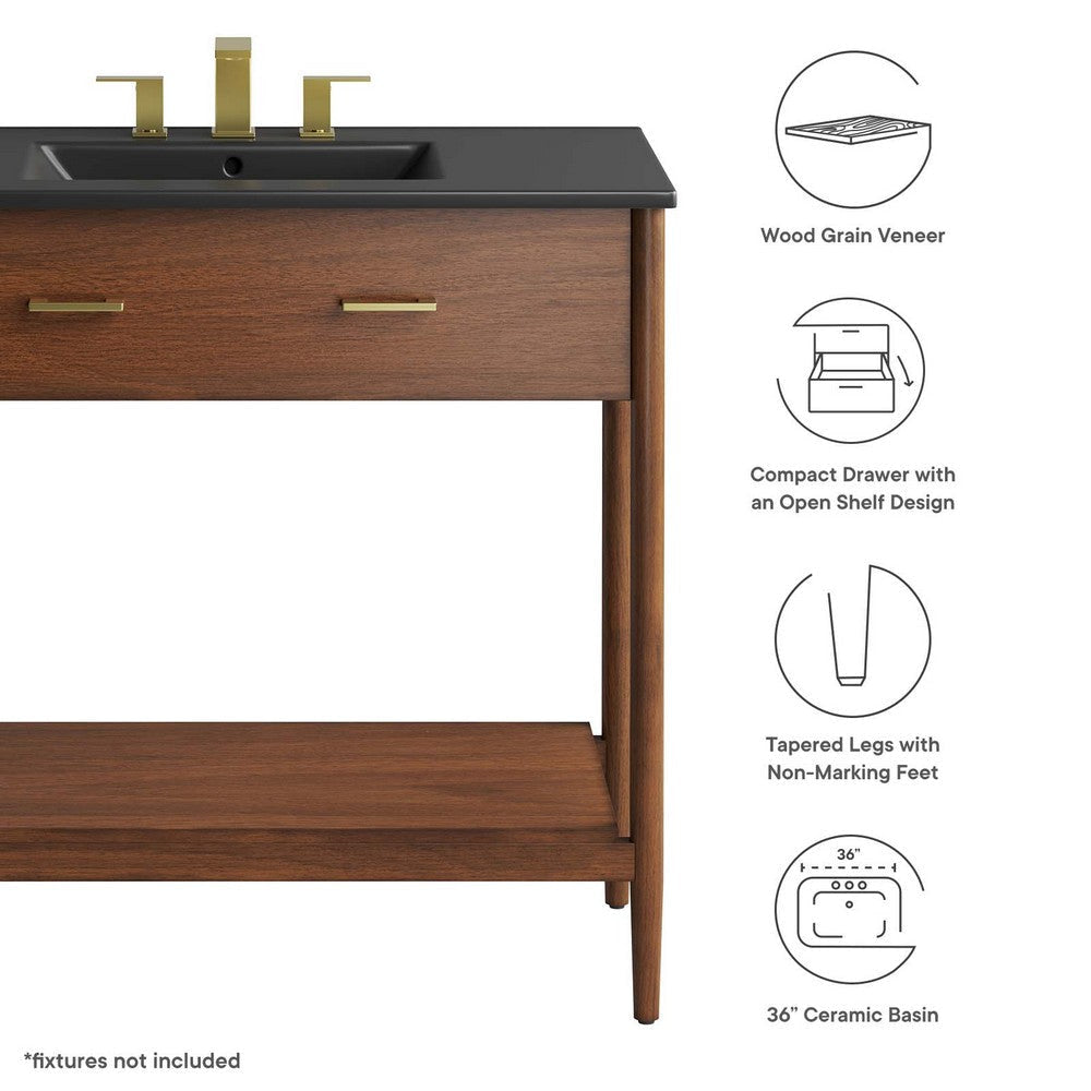 Modway Zaire 36” Mid-Century Bathroom Vanity Washstand in Walnut Black with Ceramic Sink Basin 36 Inches MDY-EEI-6823-WAL-BLK